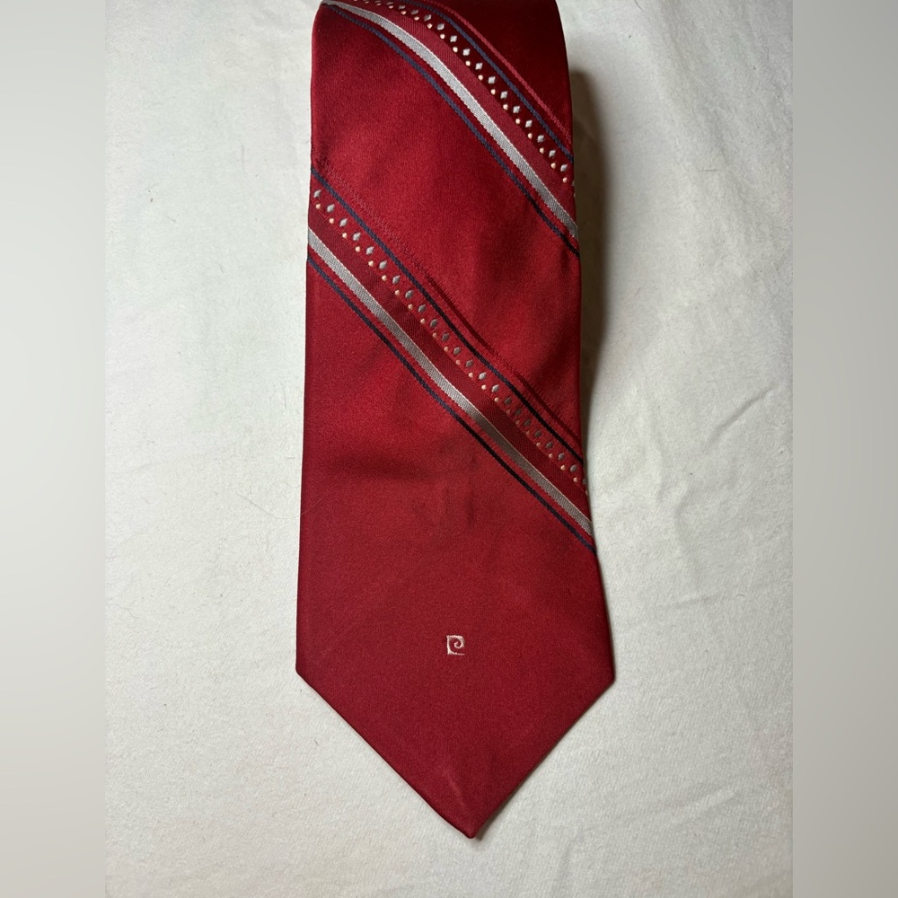 Pierre Cardin Vintage Designer Logo Embroidered Striped Tie Red with Gray